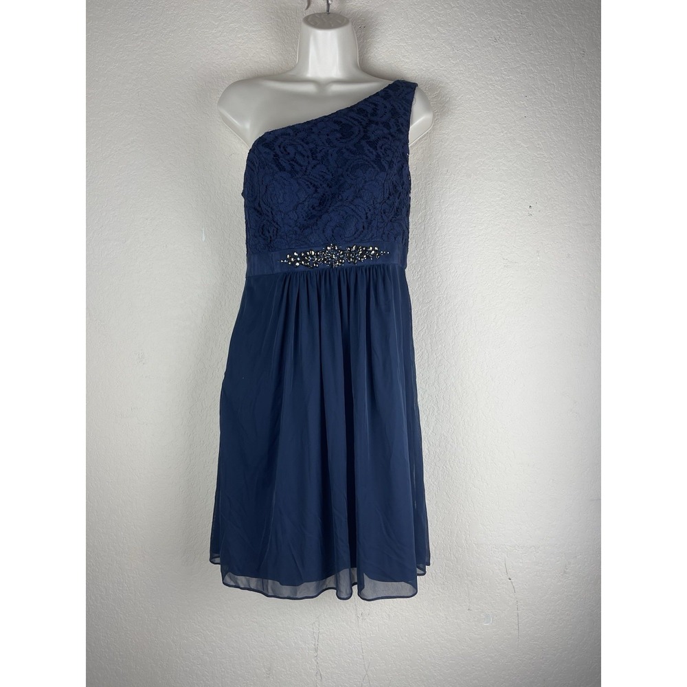 Adrianna Papell Size 6 Navy Blue One Shoulder Lace Chiffon Cocktail Dress